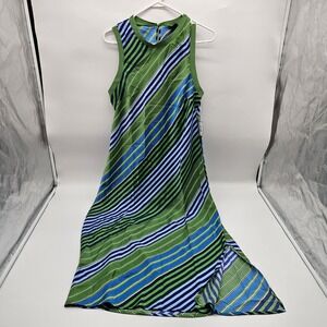 Scoop Midi Tank Dress Green Blue Tropical Stripe Sleeveless Size L